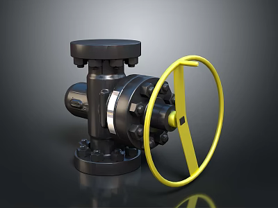3D Rendered Industrial Valve With Yellow Wheel On Black Background 3d model