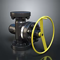 3D Rendered Industrial Valve With Yellow Wheel On Black Background