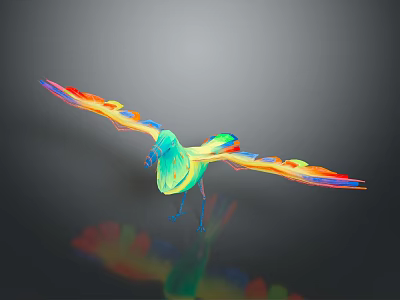Colorful Bird with Spread Wings and Rainbow Colored Feathers against Dark Background with Reflection 3d model