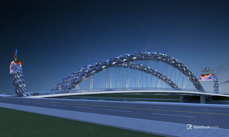 Modern Arch Bridge Urban Night View With LED Lighting And Steel Structure Design 3d model 