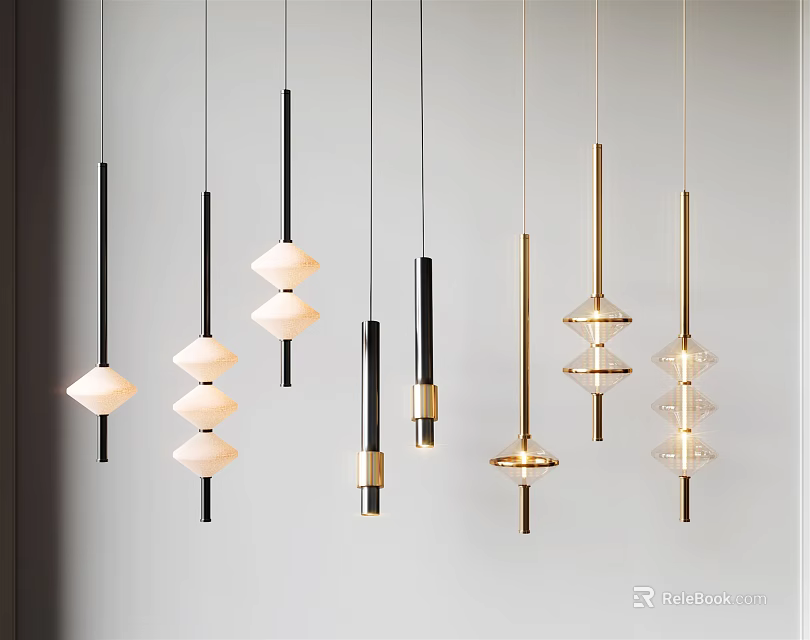 Modern Stylish Pendant Lights With Various Geometric Shapes And Gold Black Metal Accents 3d model 