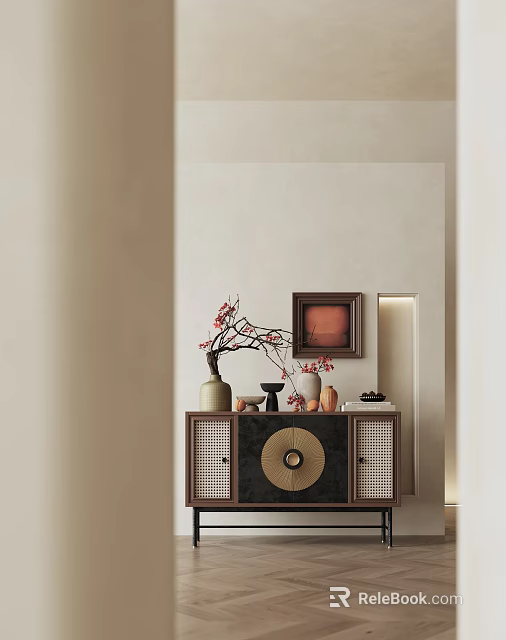 Decorative Cabinet With Lattice Doors Circular Decor Vase Branches And Picture Frame On Top 3d model 