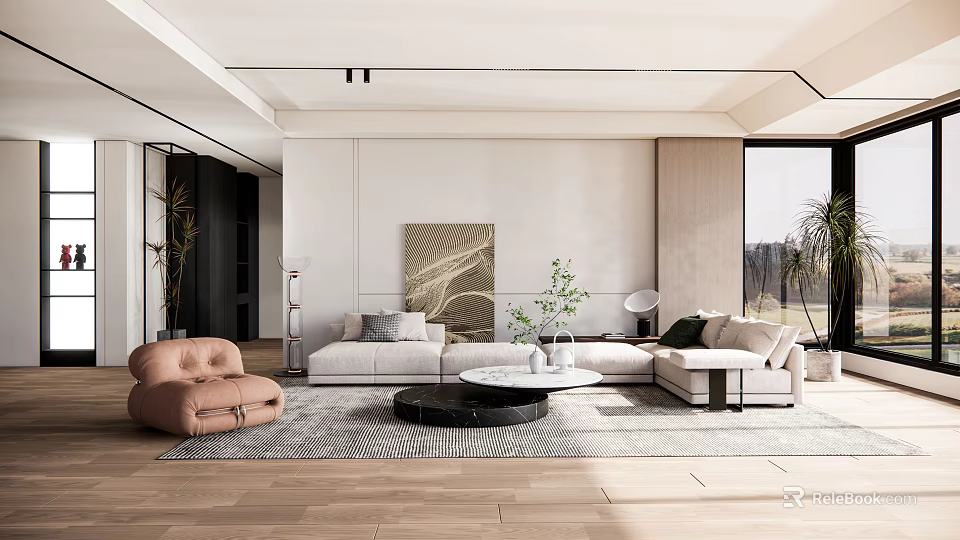 Contemporary Living Room Interior With Sectional Sofa Coffee Table Wall Art And Potted Plants 3d model 