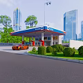 Urban Gas Station Canopy With Fuel Pumps And High Rise Buildings Background