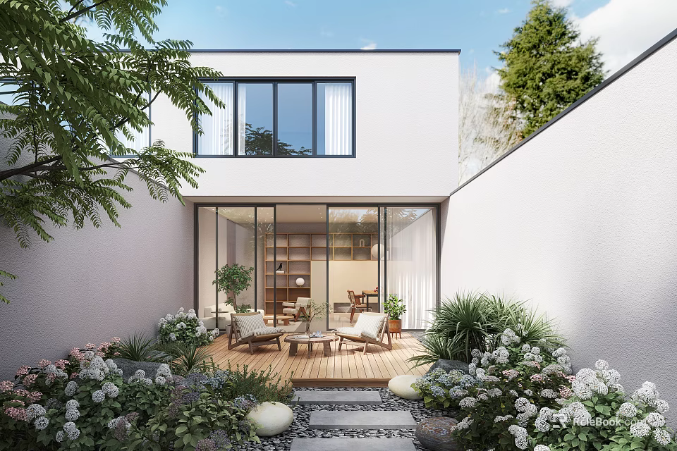 Beautiful Courtyard Garden With Wooden Deck Cozy Chairs Small Table Stone Path And Lush Plants 3d model 