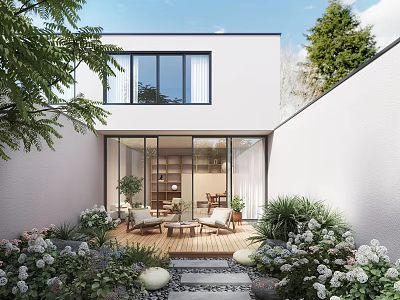 Beautiful Courtyard Garden With Wooden Deck Cozy Chairs Small Table Stone Path And Lush Plants 3d model