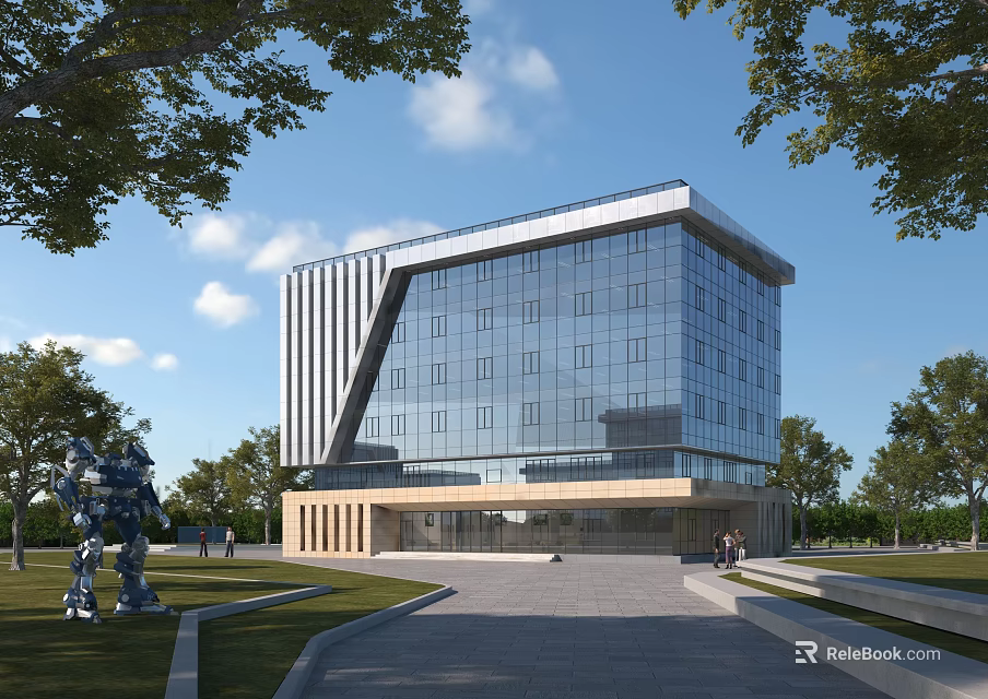 Modern Glass Building With Contemporary Design Greenery Trees And Robot Sculptures 3d model 