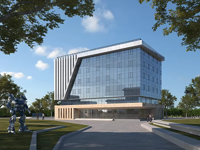 Modern Glass Building With Contemporary Design Greenery Trees And Robot Sculptures 3d model