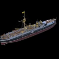 Vintage Warship Model Featuring Multiple Turrets Mast Chimney Yellow Flag Dark Hull and Deck Details