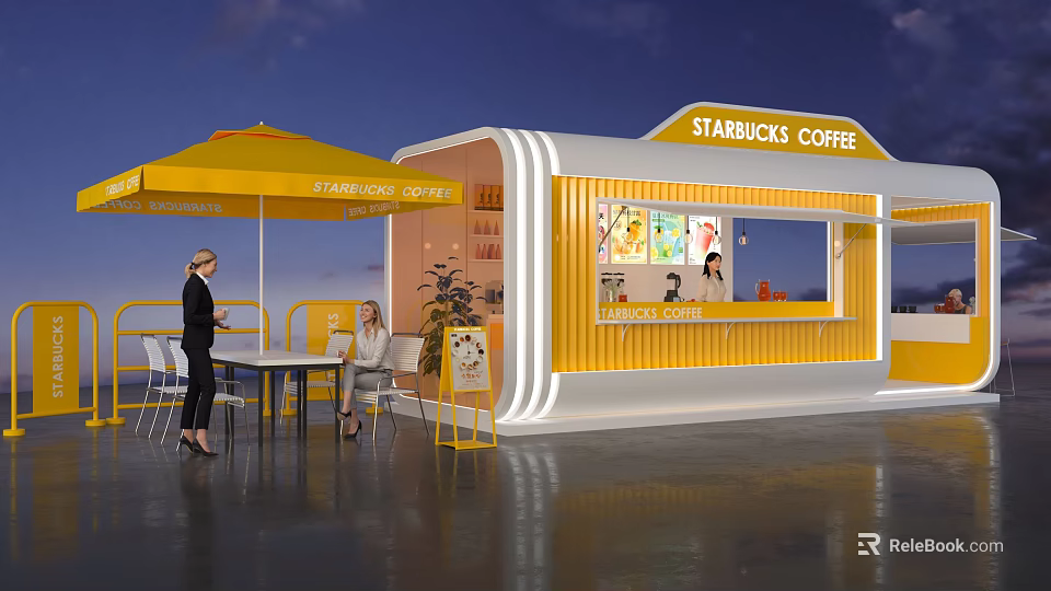 Starbucks Coffee Interactive Area With Yellow Umbrellas Outdoor Seating Female Customers And Kiosk Structure 3d model 
