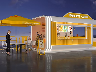 Starbucks Coffee Interactive Area With Yellow Umbrellas Outdoor Seating Female Customers And Kiosk Structure 3d model