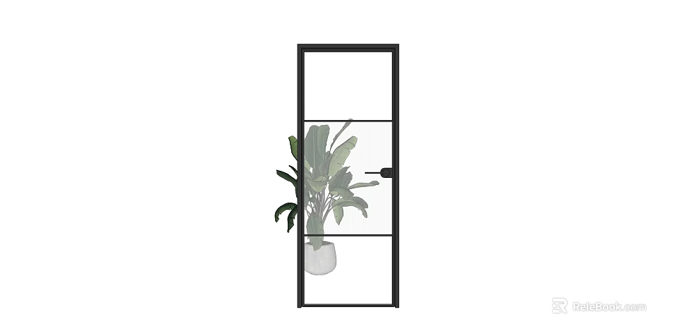 Modern Glass Swing Door with Black Frame and Green Plant in White Pot 3d model 