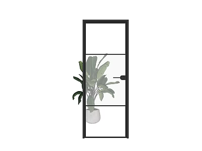 Modern Glass Swing Door with Black Frame and Green Plant in White Pot 3d model