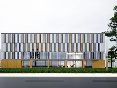 Modern Industrial Factory Building Exterior Design Featuring Glass Windows Yellow White Stripes And Landscaped Surroundings 3d model