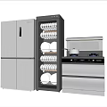 Modern Kitchen Appliances Featuring Refrigerator Sterilizer Cabinet With Plates And Stove With Pot