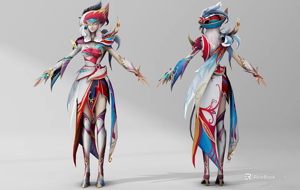 Game and Movie Character With Ornate Costume Colorful Decorations Feather Details Front Back Views 3d model 