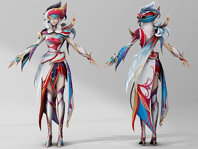Game and Movie Character With Ornate Costume Colorful Decorations Feather Details Front Back Views 3d model