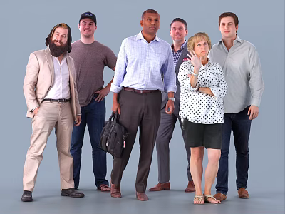 Group of diverse people standing together in studio with grey background 3d model