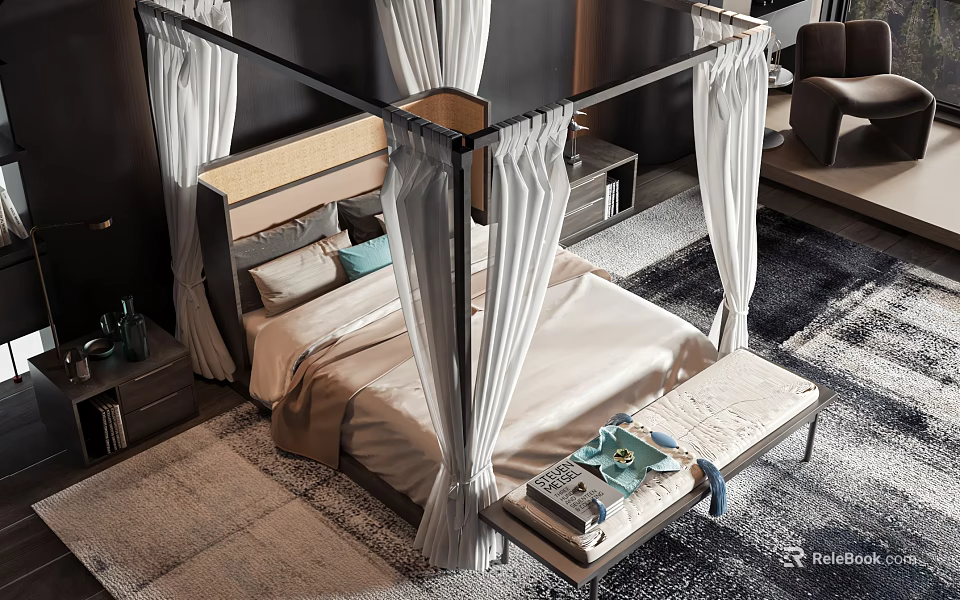Elegant Canopy Double Bed With White Drapes Nightstands And Area Rug 3d model 
