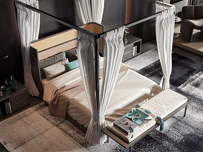 Elegant Canopy Double Bed With White Drapes Nightstands And Area Rug 3d model