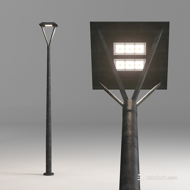 Outdoor Street Light Fixtures With Modern Metal Lamp Post And Square LED Head 3d model 
