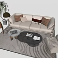 Modern Beige Sofa and Coffee Table Set with Textured Pillows Patterned Rug Accent Chair and Floor Plant