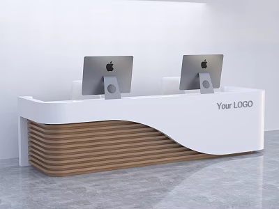 Modern Reception Desk with White Countertop Wooden Stripes Apple Computers and Logo Space 3d model