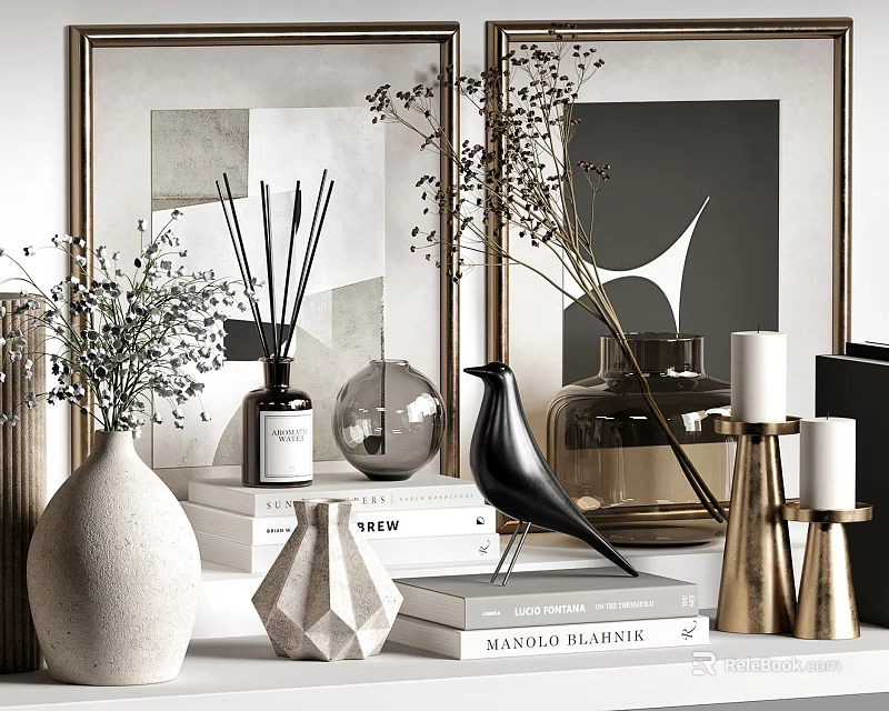 Elegant Decorative Ornament Collection With Ceramic Vases Bird Figurine Candle Holders And Framed Art 3d model 