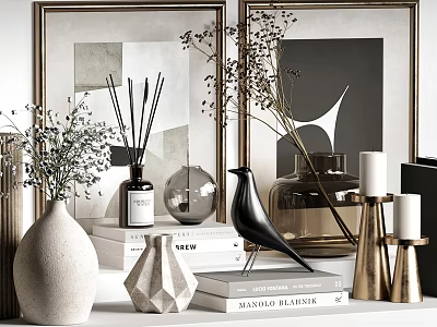 Elegant Decorative Ornament Collection With Ceramic Vases Bird Figurine Candle Holders And Framed Art 3d model