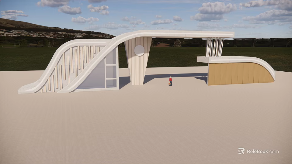 Modern Entrance Gate With Curved White Structure And Canopy Design 3d model 