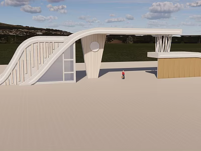Modern Entrance Gate With Curved White Structure And Canopy Design 3d model