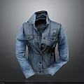Blue Denim Jacket With Collar Button Pockets And Distressed Design 3d model