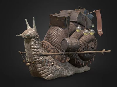 Ornate Giant Snail Carrying Wooden Barrel Boxes Bells Glass Orbs And Flag 3d model