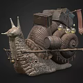 Ornate Giant Snail Carrying Wooden Barrel Boxes Bells Glass Orbs And Flag