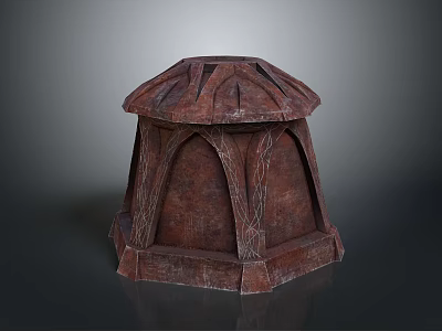 Wooden Hexagonal Decorative Structure With Textured Surface And Carved Roof Design 3d model