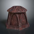 Wooden Hexagonal Decorative Structure With Textured Surface And Carved Roof Design