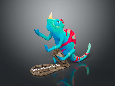Colorful Horned Chameleon Standing On Wooden Base With Blue Red Green Patterns 3d model