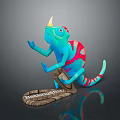 Colorful Horned Chameleon Standing On Wooden Base With Blue Red Green Patterns