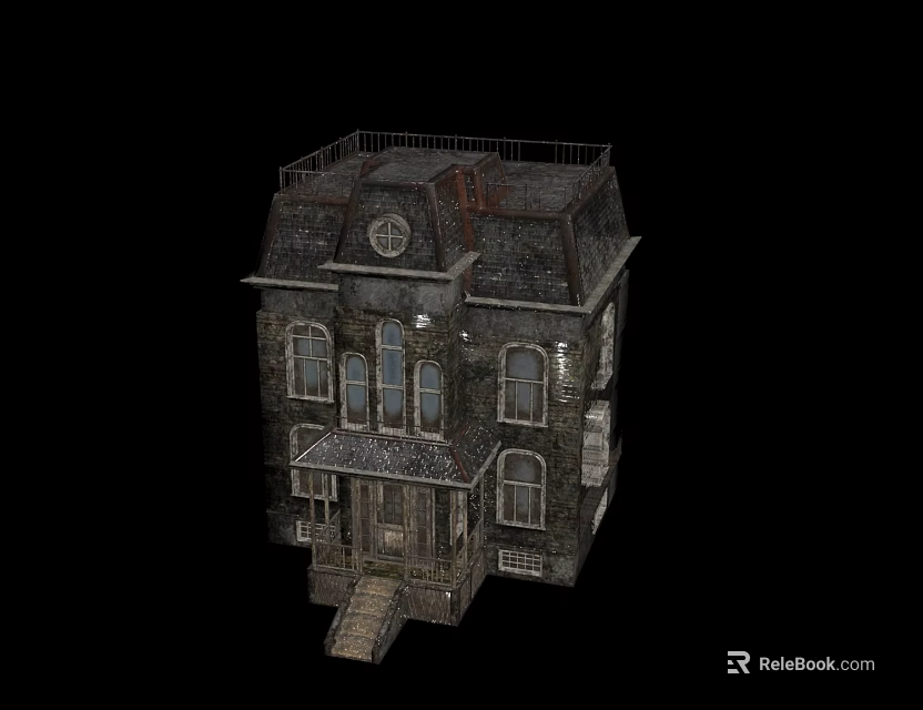 Ancient Architecture House With Aged Stone Exterior Multiple Windows Roof Railing And Front Steps 3d model 