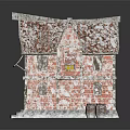 Red Brick Vintage Building With Weathered Roof And Small Barrels In Rustic Style