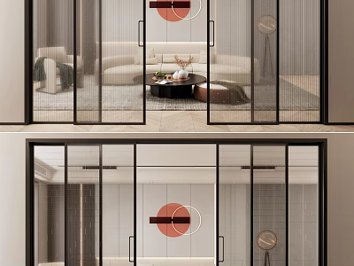 Modern Sliding Glass Doors With Black Frames And Circular Decorative Patterns 3d model