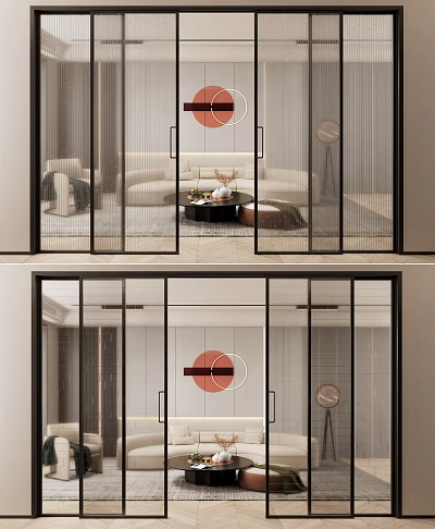 Modern Sliding Glass Doors With Black Frames And Circular Decorative Patterns 3d model