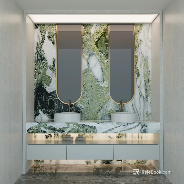 Public Restroom Interior Design With Modern Marble Wall Double Mirrors Sinks And Cabinets 3d model
