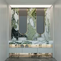 Public Restroom Interior Design With Modern Marble Wall Double Mirrors Sinks And Cabinets 3d model