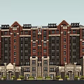Red Brick Multi Story Building With Stone Base Windows And Decorative Roof 3d model
