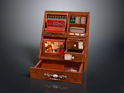 Medical Equipment Stored In Open Wooden Case With Multiple Compartments And Various Supplies 3d model