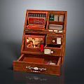 Medical Equipment Stored In Open Wooden Case With Multiple Compartments And Various Supplies
