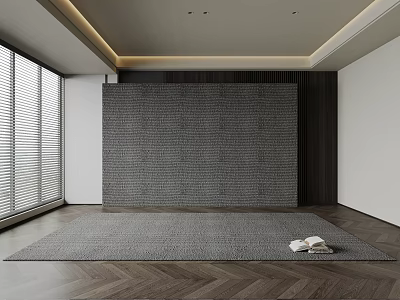 Gray Textured Weave Square Rug On Herringbone Wooden Floor In Modern Room With Books 3d model