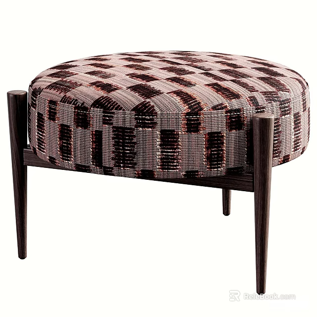 Round Shoe Bench With Woven Brown And Beige Pattern And Wooden Legs 3d model 