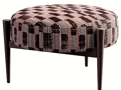 Round Shoe Bench With Woven Brown And Beige Pattern And Wooden Legs 3d model